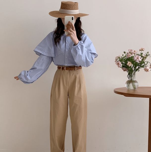 ノーカラーストライプスデザインシャツ 6502-blue_お取り寄せ6502-画像4-韓国ファッション通販POPREA［ポップリア］