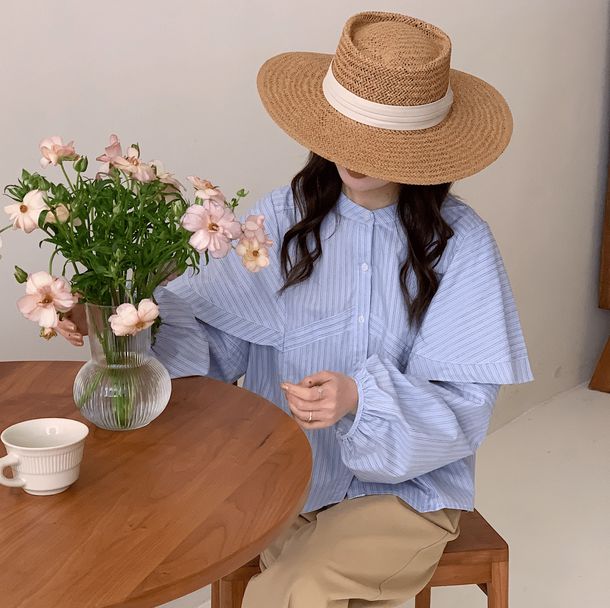 ノーカラーストライプスデザインシャツ 6502-blue_お取り寄せ6502-画像6-韓国ファッション通販POPREA［ポップリア］