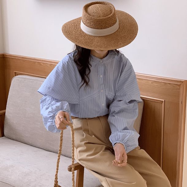 ノーカラーストライプスデザインシャツ 6502-blue_お取り寄せ6502-画像7-韓国ファッション通販POPREA［ポップリア］