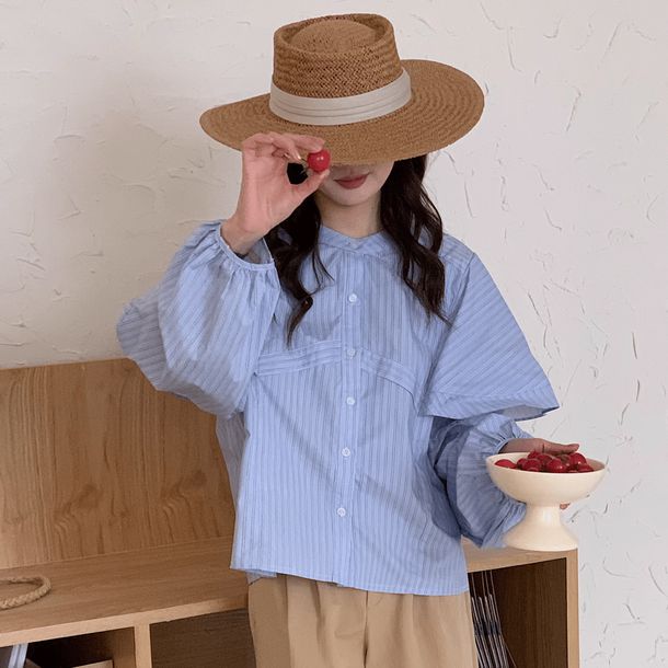 ノーカラーストライプスデザインシャツ 6502-blue_お取り寄せ6502-画像8-韓国ファッション通販POPREA［ポップリア］