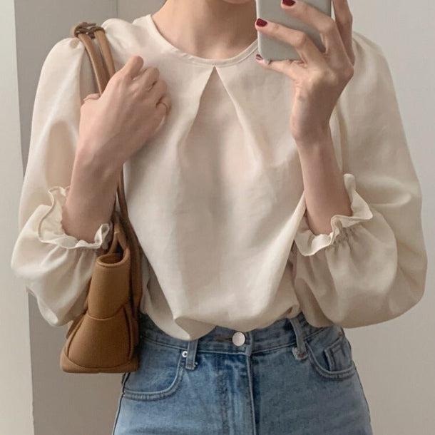 フリル袖シフォンブラウス 6504-ivory_即納6504-画像2-韓国ファッション通販POPREA［ポップリア］