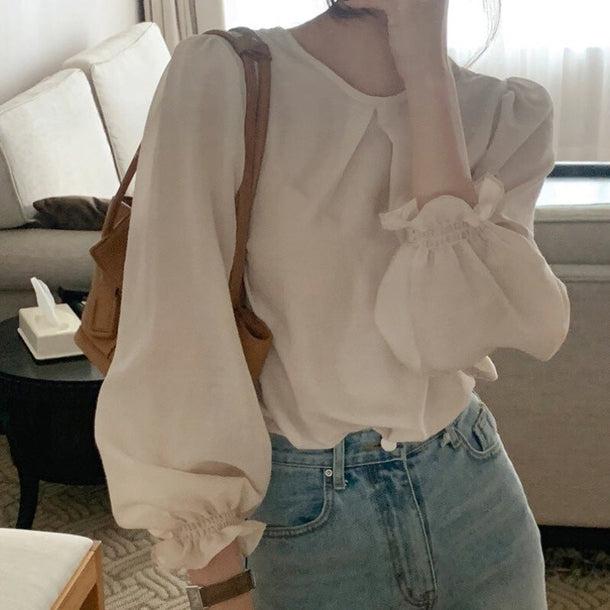 フリル袖シフォンブラウス 6504-ivory_即納6504-画像5-韓国ファッション通販POPREA［ポップリア］