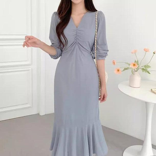 ギャザーVネックワンピース﻿﻿ 6517-blue_お取り寄せ65171-画像3-韓国ファッション通販POPREA［ポップリア］