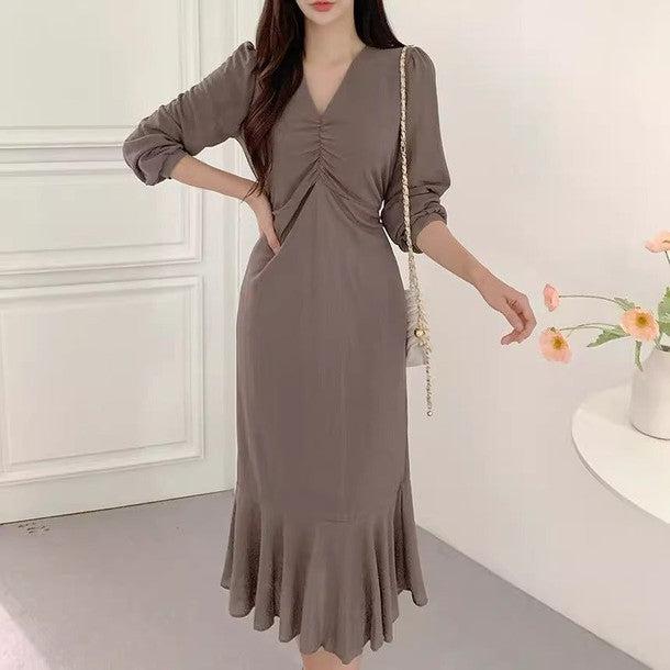 ギャザーVネックワンピース﻿﻿ 6517-coffee_お取り寄せ65172-画像7-韓国ファッション通販POPREA［ポップリア］