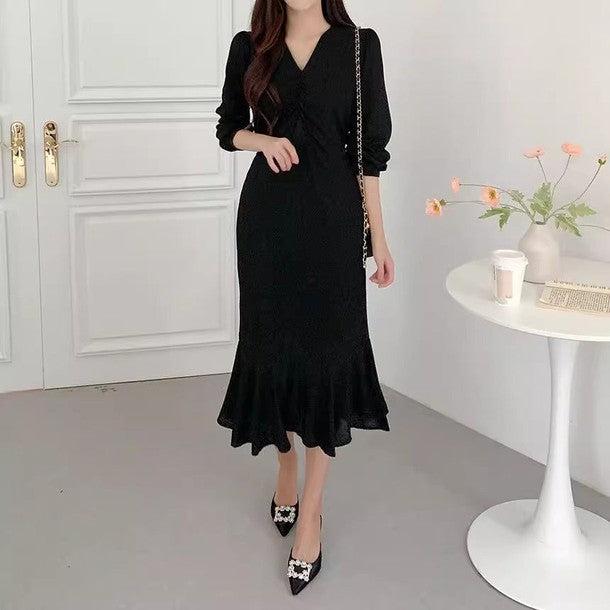 ギャザーVネックワンピース﻿﻿ 6517-black_お取り寄せ65173-画像16-韓国ファッション通販POPREA［ポップリア］