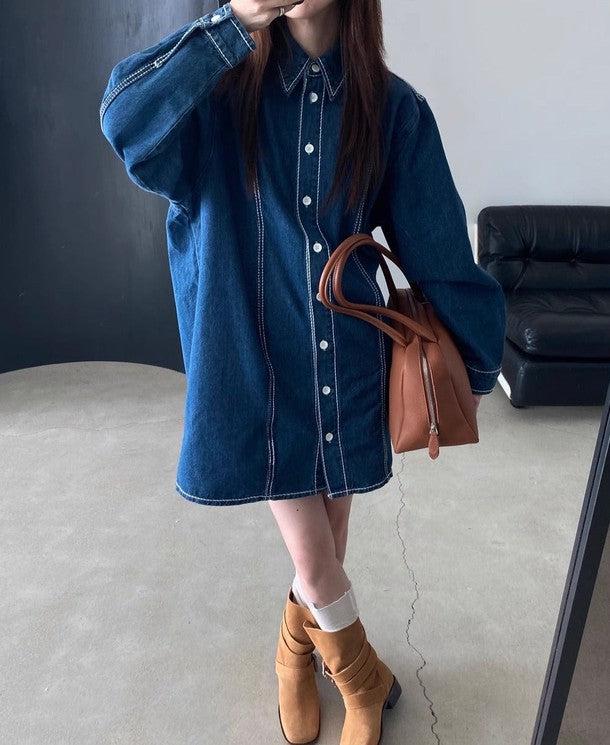 ダークデニムブルーワンピース 6524-blue_お取り寄せ6524-画像10-韓国ファッション通販POPREA［ポップリア］