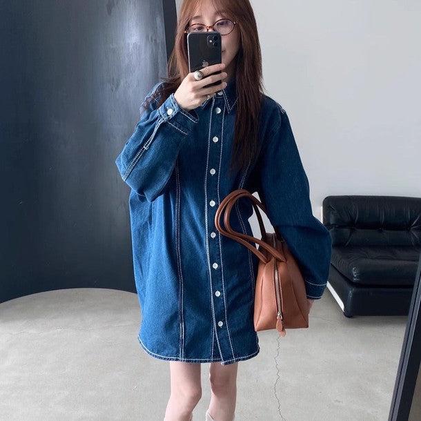 ダークデニムブルーワンピース 6524-blue_お取り寄せ6524-画像2-韓国ファッション通販POPREA［ポップリア］