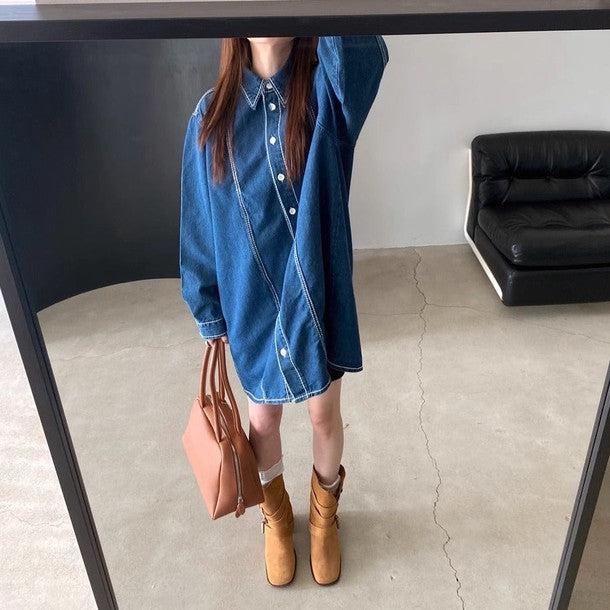 ダークデニムブルーワンピース 6524-blue_お取り寄せ6524-画像3-韓国ファッション通販POPREA［ポップリア］