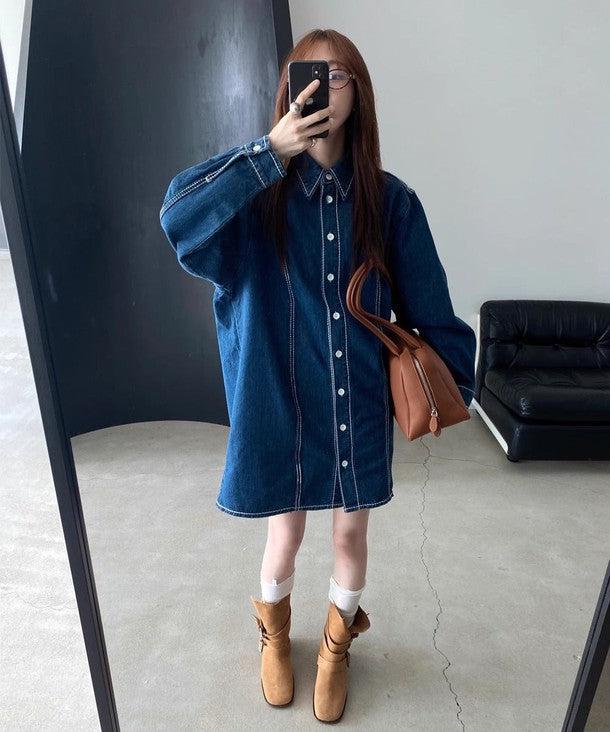 ダークデニムブルーワンピース 6524-blue_お取り寄せ6524-画像5-韓国ファッション通販POPREA［ポップリア］