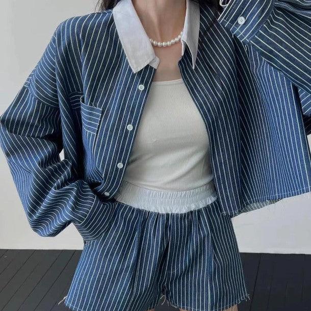 ストライプ柄シャツ＆ショートパンツ﻿ 6528 - 韓国ファッション