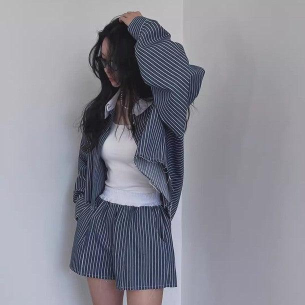 ストライプ柄シャツ＆ショートパンツ﻿ 6528 - 韓国ファッション