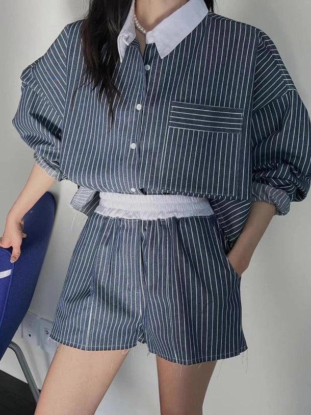 ストライプ柄シャツ＆ショートパンツ﻿ 6528 - 韓国ファッション