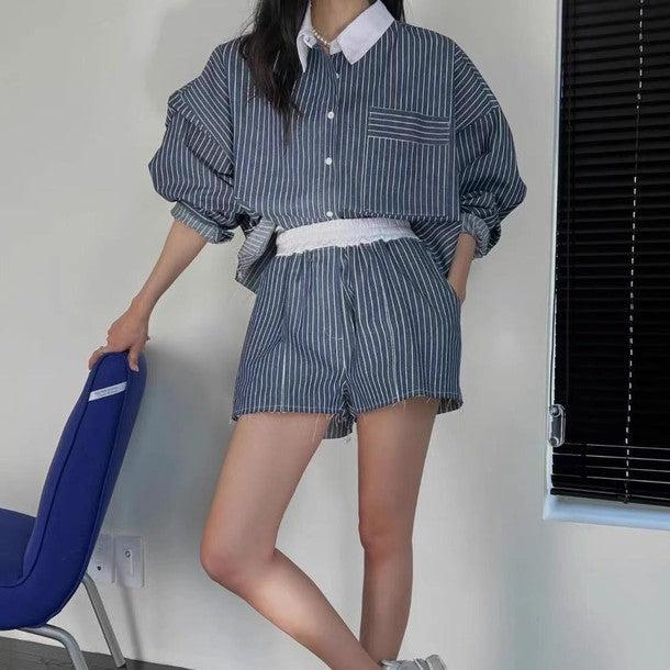 ストライプ柄シャツ＆ショートパンツ﻿ 6528-black_お取り寄せ6528-画像1-韓国ファッション通販POPREA［ポップリア］