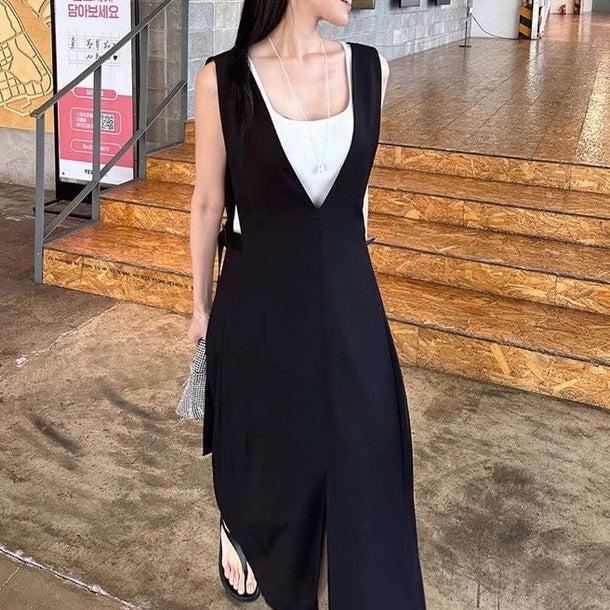 スリットフロントサイドプリーツジャンパースカート 6556-black_お取り寄せ6556-画像2-韓国ファッション通販POPREA［ポップリア］