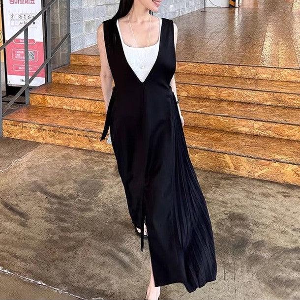 スリットフロントサイドプリーツジャンパースカート 6556-black_お取り寄せ6556-画像3-韓国ファッション通販POPREA［ポップリア］