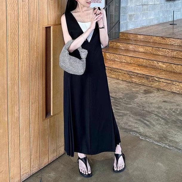 スリットフロントサイドプリーツジャンパースカート 6556-black_お取り寄せ6556-画像4-韓国ファッション通販POPREA［ポップリア］