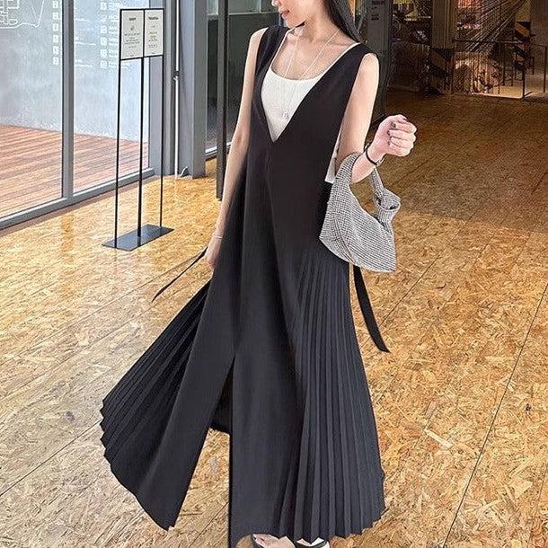 スリットフロントサイドプリーツジャンパースカート 6556-black_お取り寄せ6556-画像1-韓国ファッション通販POPREA［ポップリア］