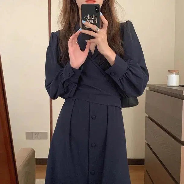 ドレープVネック切り替えワンピース ﻿﻿ 6583-navy-blue_即納6583-画像4-韓国ファッション通販POPREA［ポップリア］