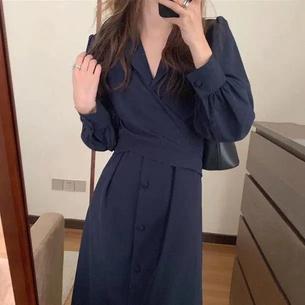 ドレープVネック切り替えワンピース ﻿﻿ 6583-navy-blue_即納6583-画像1-韓国ファッション通販POPREA［ポップリア］