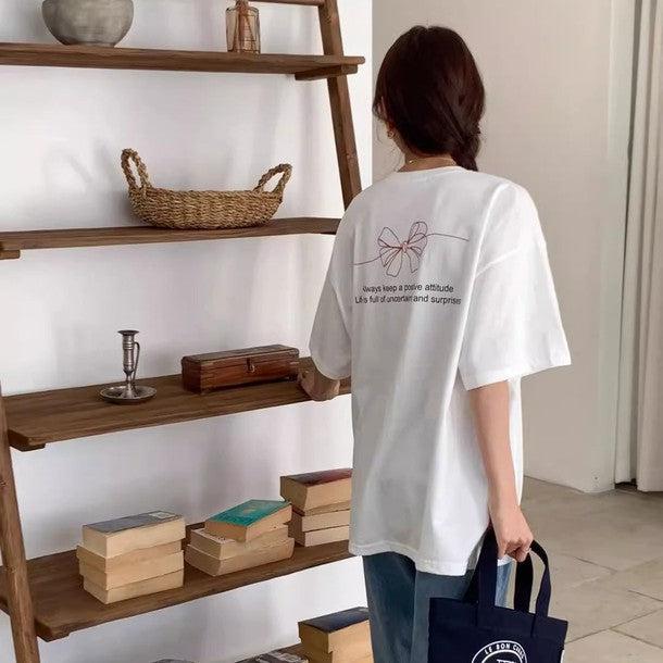 リボンデザインプリントTシャツ 6587-white_お取り寄せ6587-画像2-韓国ファッション通販POPREA［ポップリア］