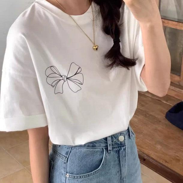 リボンデザインプリントTシャツ 6587-white_お取り寄せ6587-画像4-韓国ファッション通販POPREA［ポップリア］