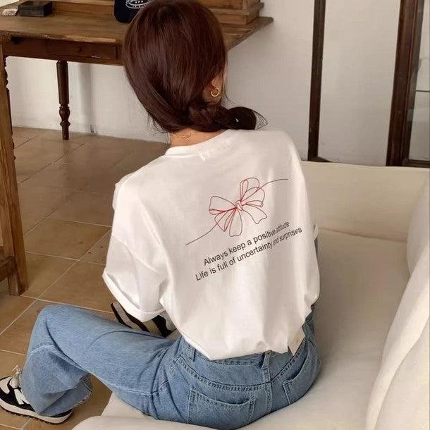 リボンデザインプリントTシャツ 6587-white_お取り寄せ6587-画像1-韓国ファッション通販POPREA［ポップリア］