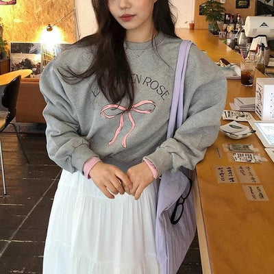 リボンプリントスウェット 6605-gray_お取り寄せ6605-画像2-韓国ファッション通販POPREA［ポップリア］
