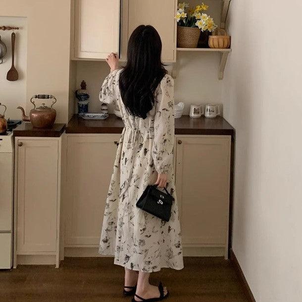 Vネックスケッチフラワーワンピース 6627-beige_お取り寄せ6627-画像10-韓国ファッション通販POPREA［ポップリア］