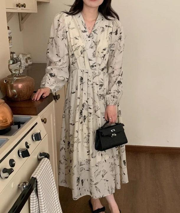 Vネックスケッチフラワーワンピース 6627-beige_お取り寄せ6627-画像11-韓国ファッション通販POPREA［ポップリア］