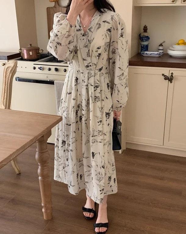 Vネックスケッチフラワーワンピース 6627-beige_お取り寄せ6627-画像12-韓国ファッション通販POPREA［ポップリア］