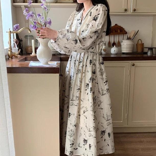 Vネックスケッチフラワーワンピース 6627-beige_お取り寄せ6627-画像3-韓国ファッション通販POPREA［ポップリア］