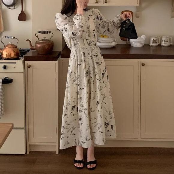 Vネックスケッチフラワーワンピース 6627-beige_お取り寄せ6627-画像4-韓国ファッション通販POPREA［ポップリア］