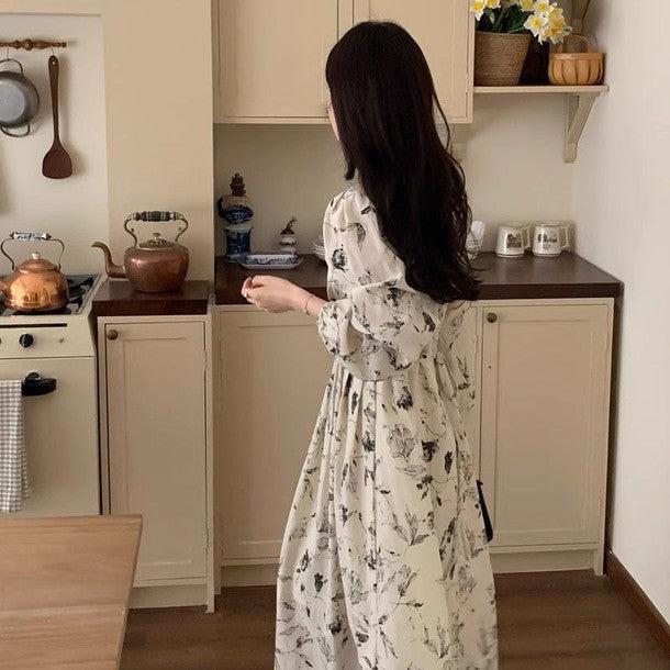 Vネックスケッチフラワーワンピース 6627-beige_お取り寄せ6627-画像5-韓国ファッション通販POPREA［ポップリア］