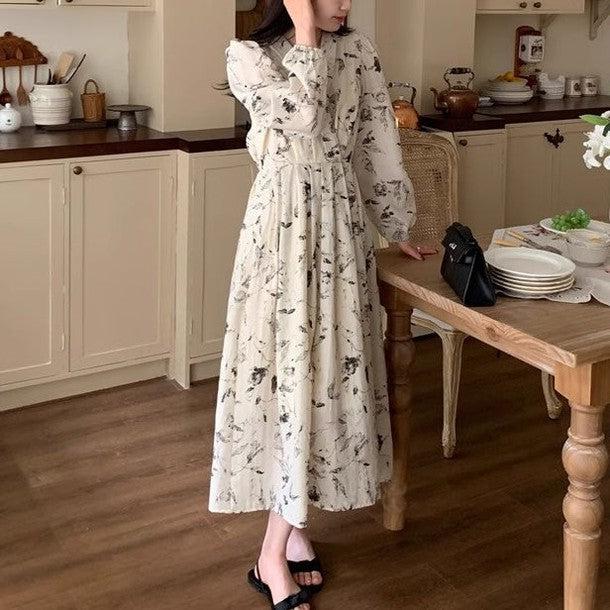 Vネックスケッチフラワーワンピース 6627-beige_お取り寄せ6627-画像6-韓国ファッション通販POPREA［ポップリア］