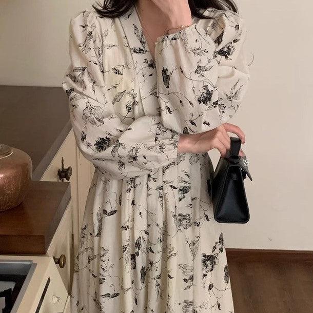 Vネックスケッチフラワーワンピース 6627-beige_お取り寄せ6627-画像8-韓国ファッション通販POPREA［ポップリア］