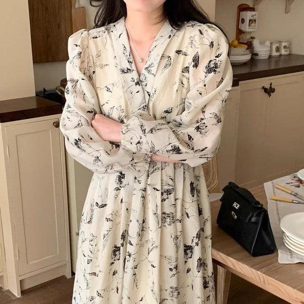 Vネックスケッチフラワーワンピース 6627-beige_お取り寄せ6627-画像9-韓国ファッション通販POPREA［ポップリア］