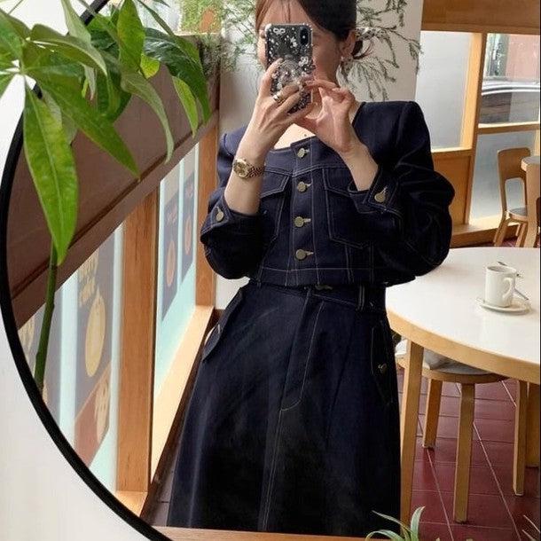 スクエアネックジャケット＆デニムスカート﻿ 6630-blue_お取り寄せ6630-画像2-韓国ファッション通販POPREA［ポップリア］