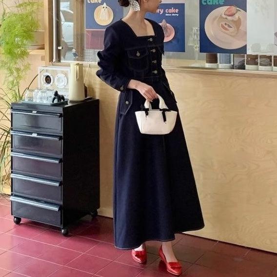 スクエアネックジャケット＆デニムスカート﻿ 6630-blue_お取り寄せ6630-画像3-韓国ファッション通販POPREA［ポップリア］