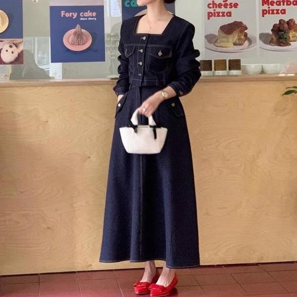 スクエアネックジャケット＆デニムスカート﻿ 6630-blue_お取り寄せ6630-画像4-韓国ファッション通販POPREA［ポップリア］