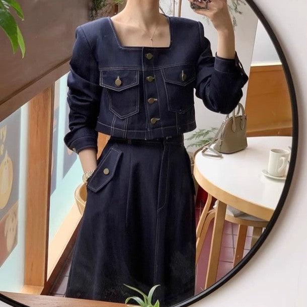 スクエアネックジャケット＆デニムスカート﻿ 6630-blue_お取り寄せ6630-画像5-韓国ファッション通販POPREA［ポップリア］