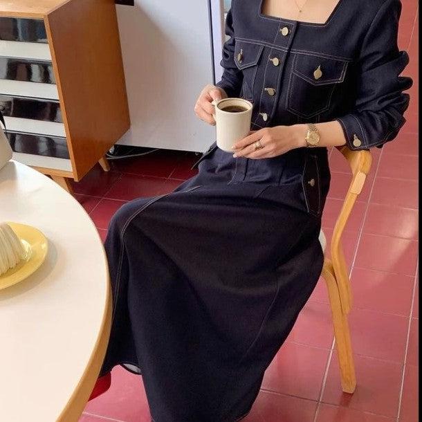 スクエアネックジャケット＆デニムスカート﻿ 6630-blue_お取り寄せ6630-画像6-韓国ファッション通販POPREA［ポップリア］