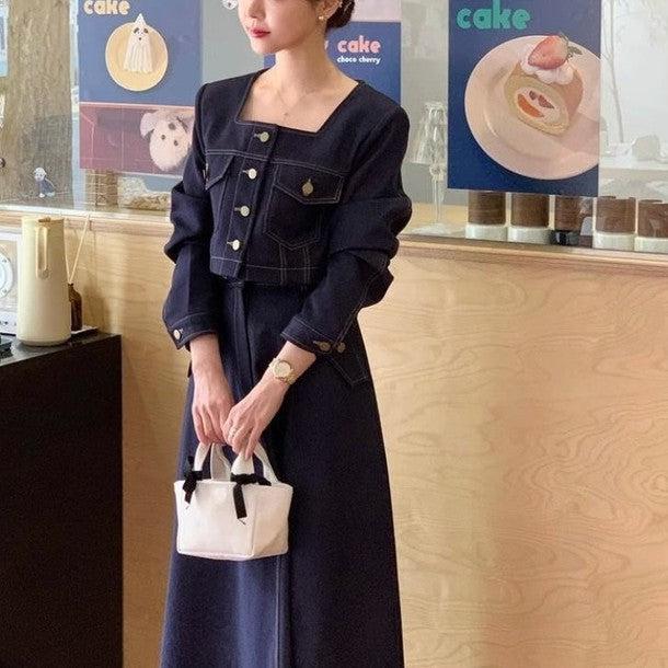 スクエアネックジャケット＆デニムスカート﻿ 6630-blue_お取り寄せ6630-画像7-韓国ファッション通販POPREA［ポップリア］