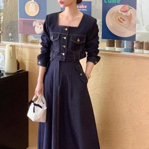 スクエアネックジャケット＆デニムスカート﻿ 6630-blue_お取り寄せ6630-画像8-韓国ファッション通販POPREA［ポップリア］