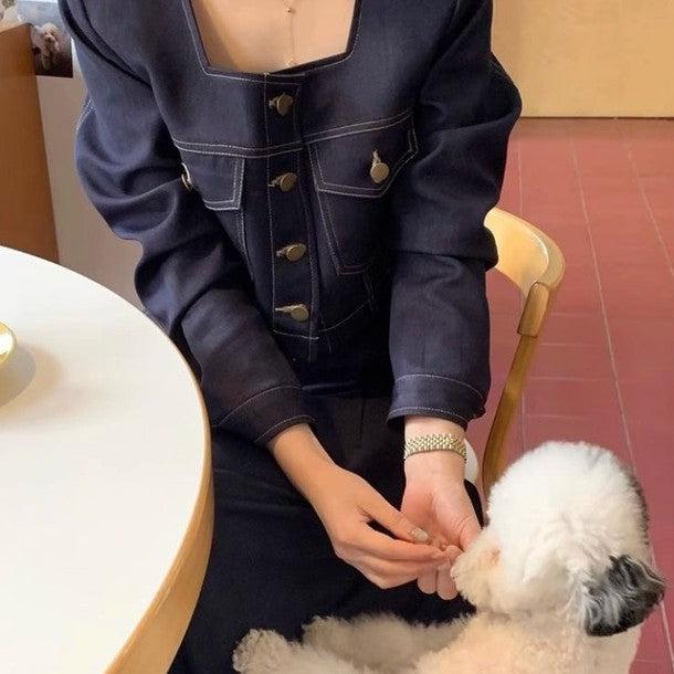 スクエアネックジャケット＆デニムスカート﻿ 6630-blue_お取り寄せ6630-画像9-韓国ファッション通販POPREA［ポップリア］