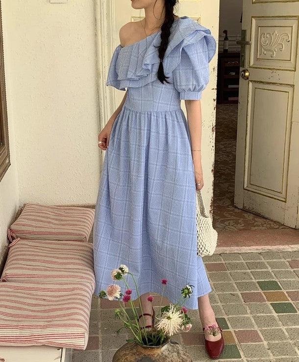 オフショルフリルフレアチェックワンピース 6683-blue_お取り寄せ6683-画像10-韓国ファッション通販POPREA［ポップリア］