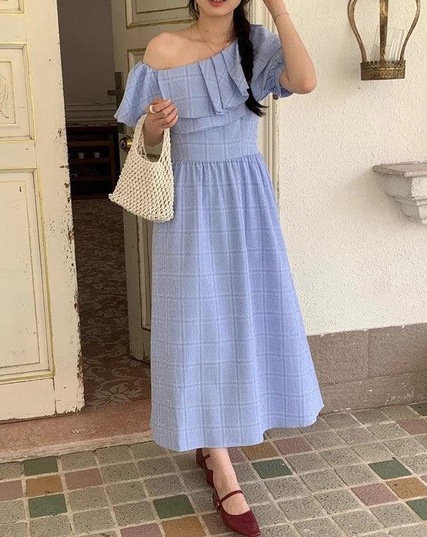 オフショルフリルフレアチェックワンピース 6683-blue_お取り寄せ6683-画像11-韓国ファッション通販POPREA［ポップリア］