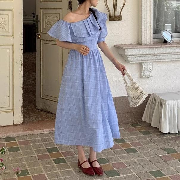 オフショルフリルフレアチェックワンピース 6683-blue_お取り寄せ6683-画像2-韓国ファッション通販POPREA［ポップリア］