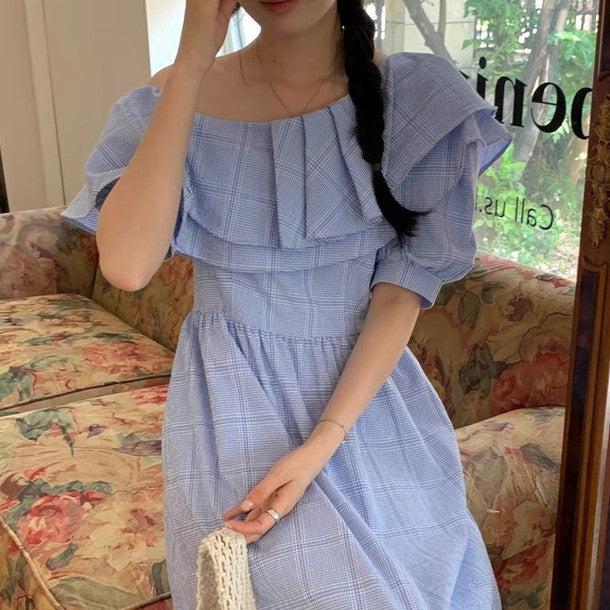 オフショルフリルフレアチェックワンピース 6683-blue_お取り寄せ6683-画像3-韓国ファッション通販POPREA［ポップリア］