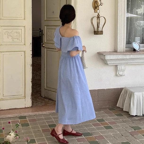 オフショルフリルフレアチェックワンピース 6683-blue_お取り寄せ6683-画像4-韓国ファッション通販POPREA［ポップリア］