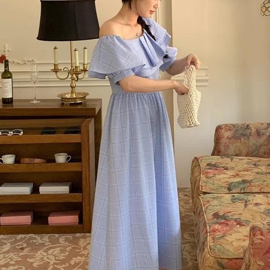 オフショルフリルフレアチェックワンピース 6683-blue_お取り寄せ6683-画像5-韓国ファッション通販POPREA［ポップリア］